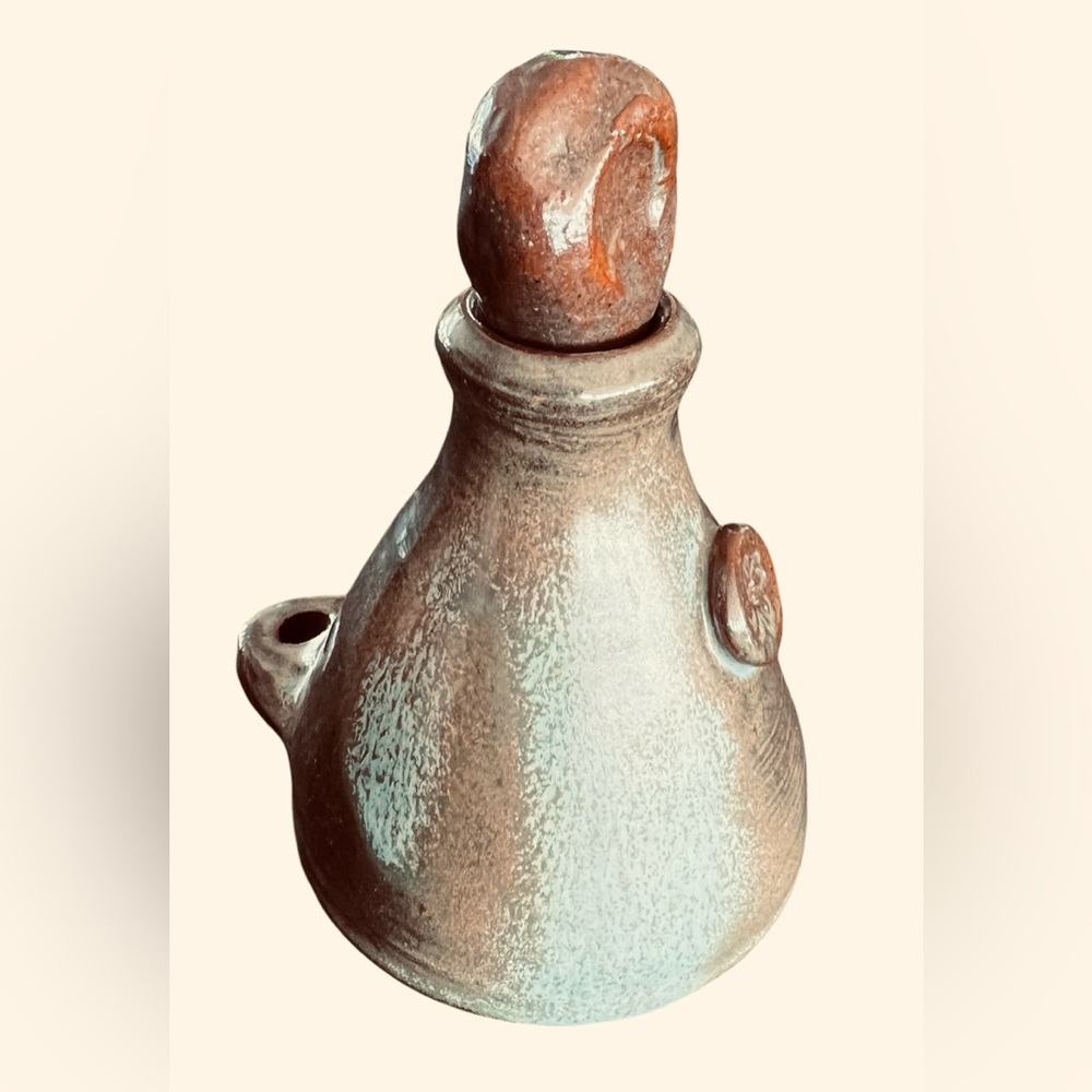 Seagrove Art Pottery Ink Well Jar w/Quill Holder & Stopper Signed Brown/Lt Blu…